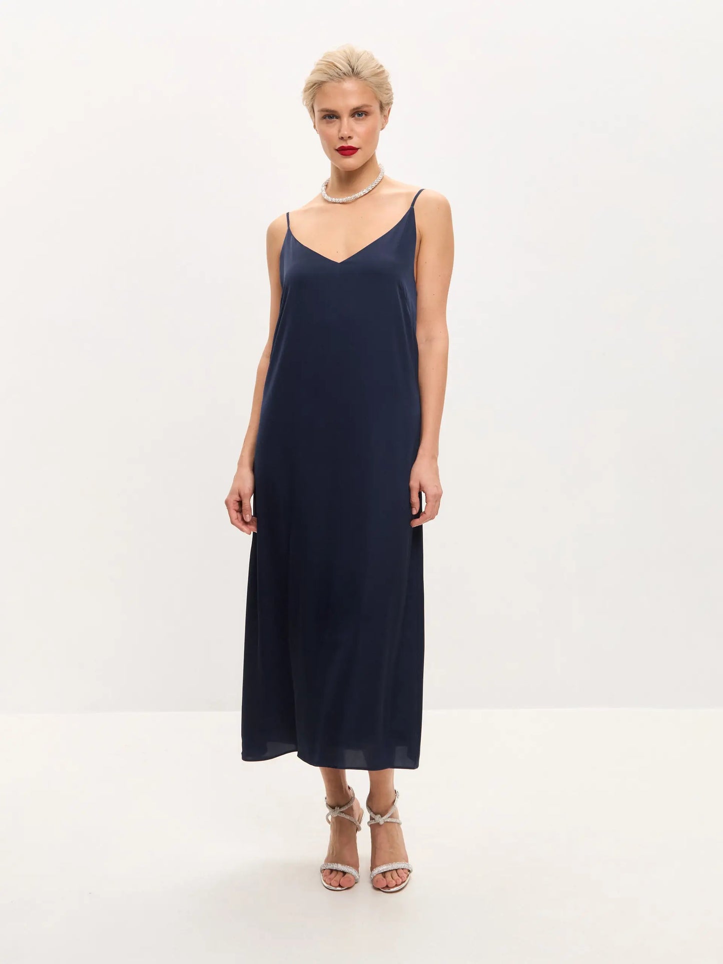 Navy Satin Midi Dress Navy blue midi double-layered satin slip dress Serena Silueta Navy Satin Midi Dress Navy blue midi double-layered satin slip dress Serena Silueta