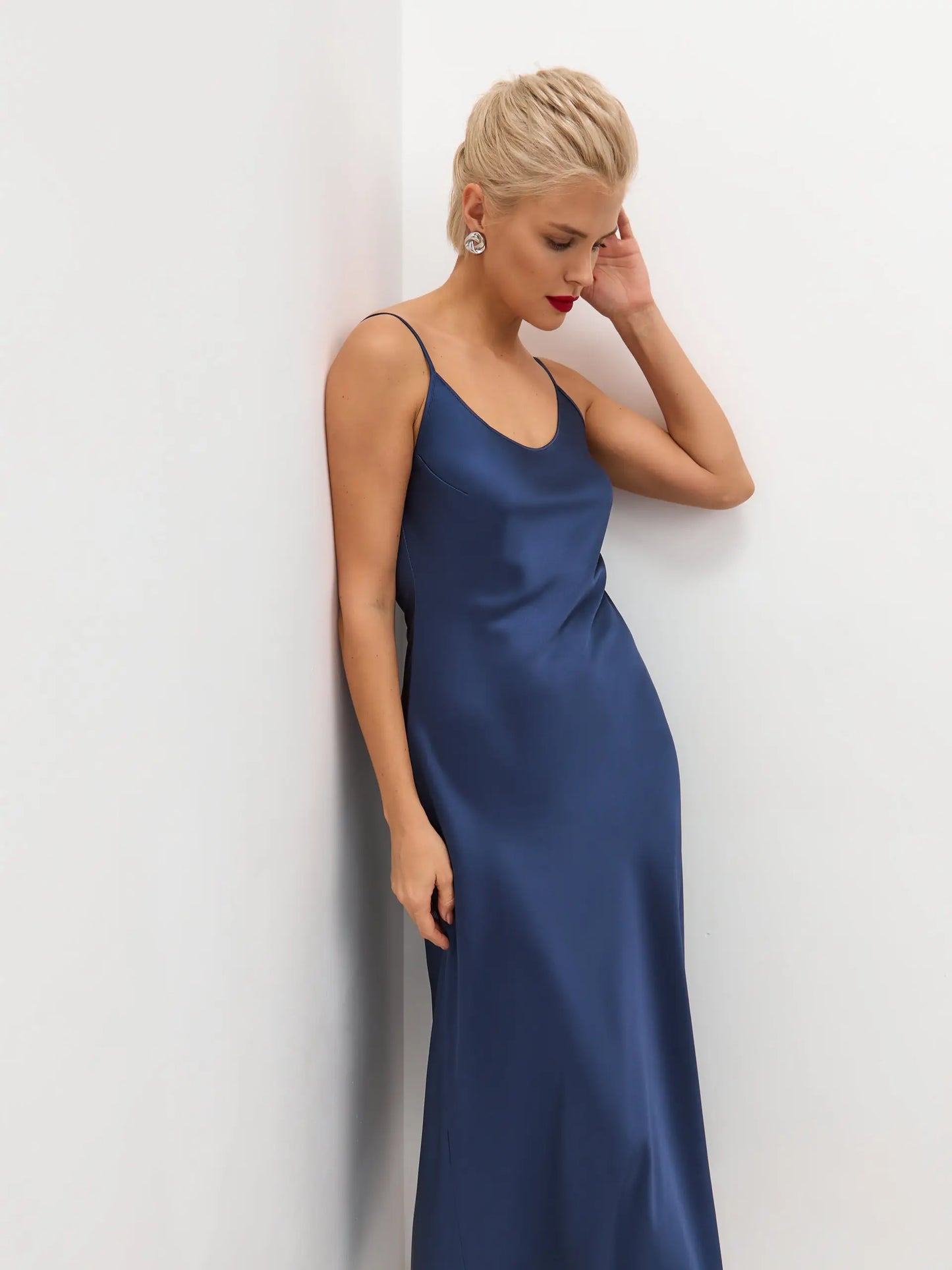 navy blue midi slip dress Navy Satin Slip Dress - Satin Midi Dress - Sleeveless Midi Dress