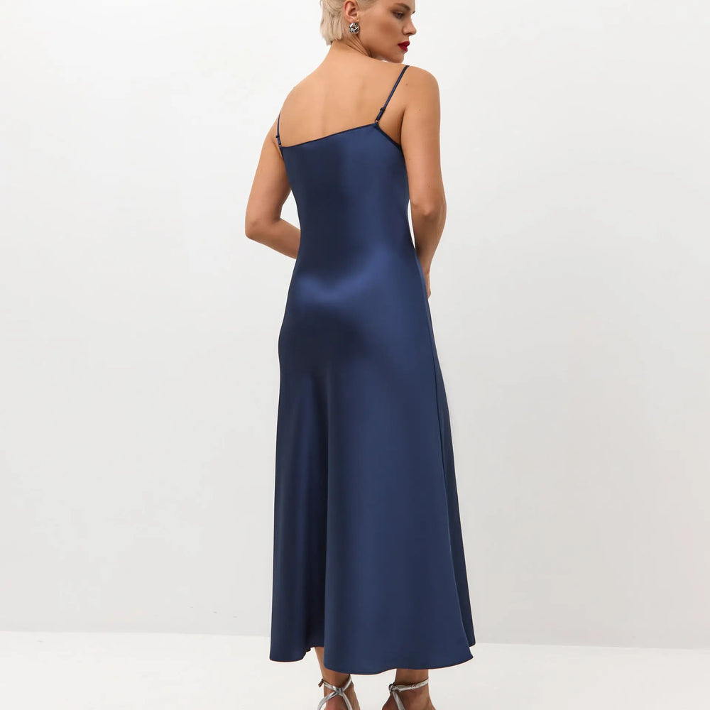 Navy blue midi satin slip dress 'Majestic'
