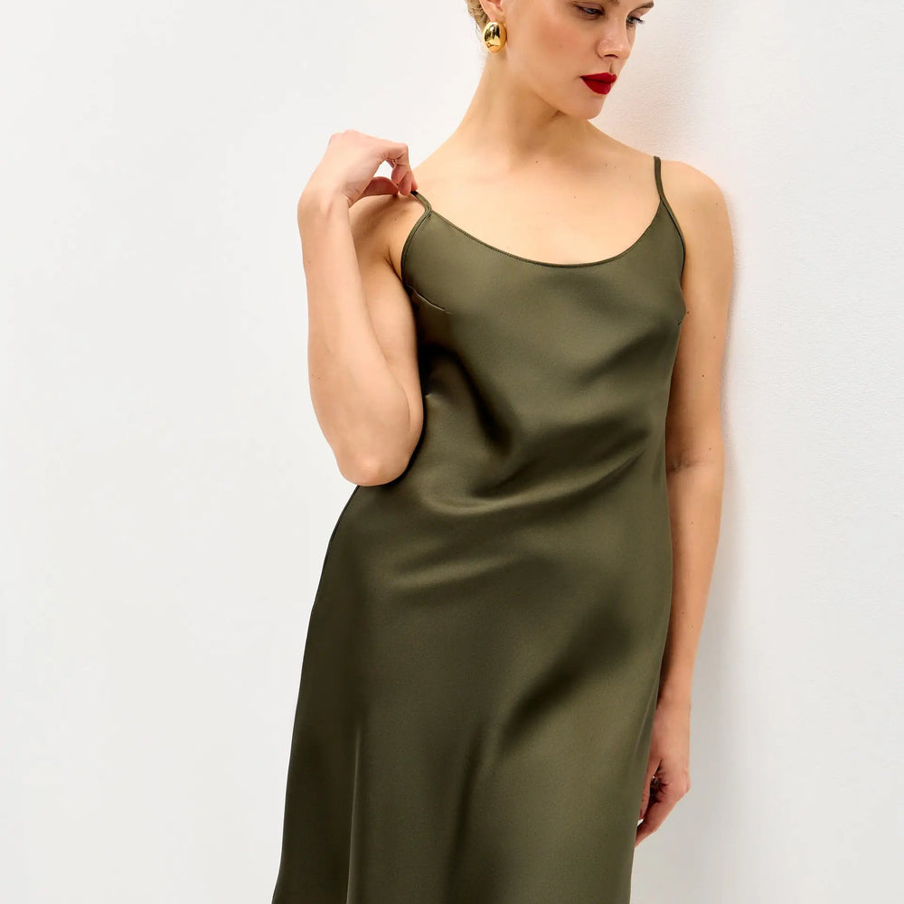 Olive mini satin slip dress 'Pure' - Serena Silueta Olive mini satin slip dress 'Pure' - Serena Silueta