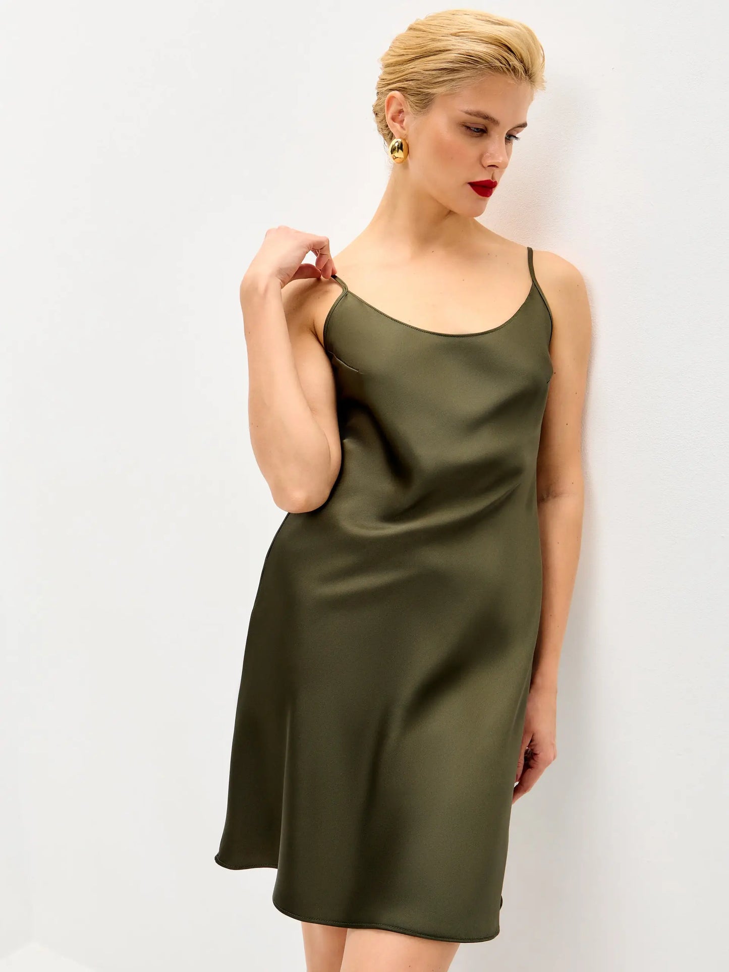 Olive mini satin slip dress 'Pure' - Serena Silueta Olive mini satin slip dress 'Pure' - Serena Silueta