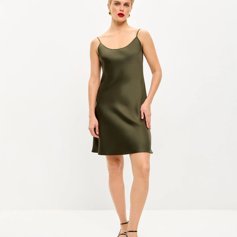 Olive mini satin slip dress ’Pure’