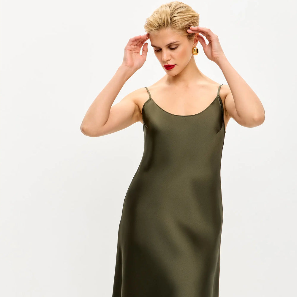 Olive mini satin slip dress 'Pure' - Serena Silueta Olive mini satin slip dress 'Pure' - Serena Silueta
