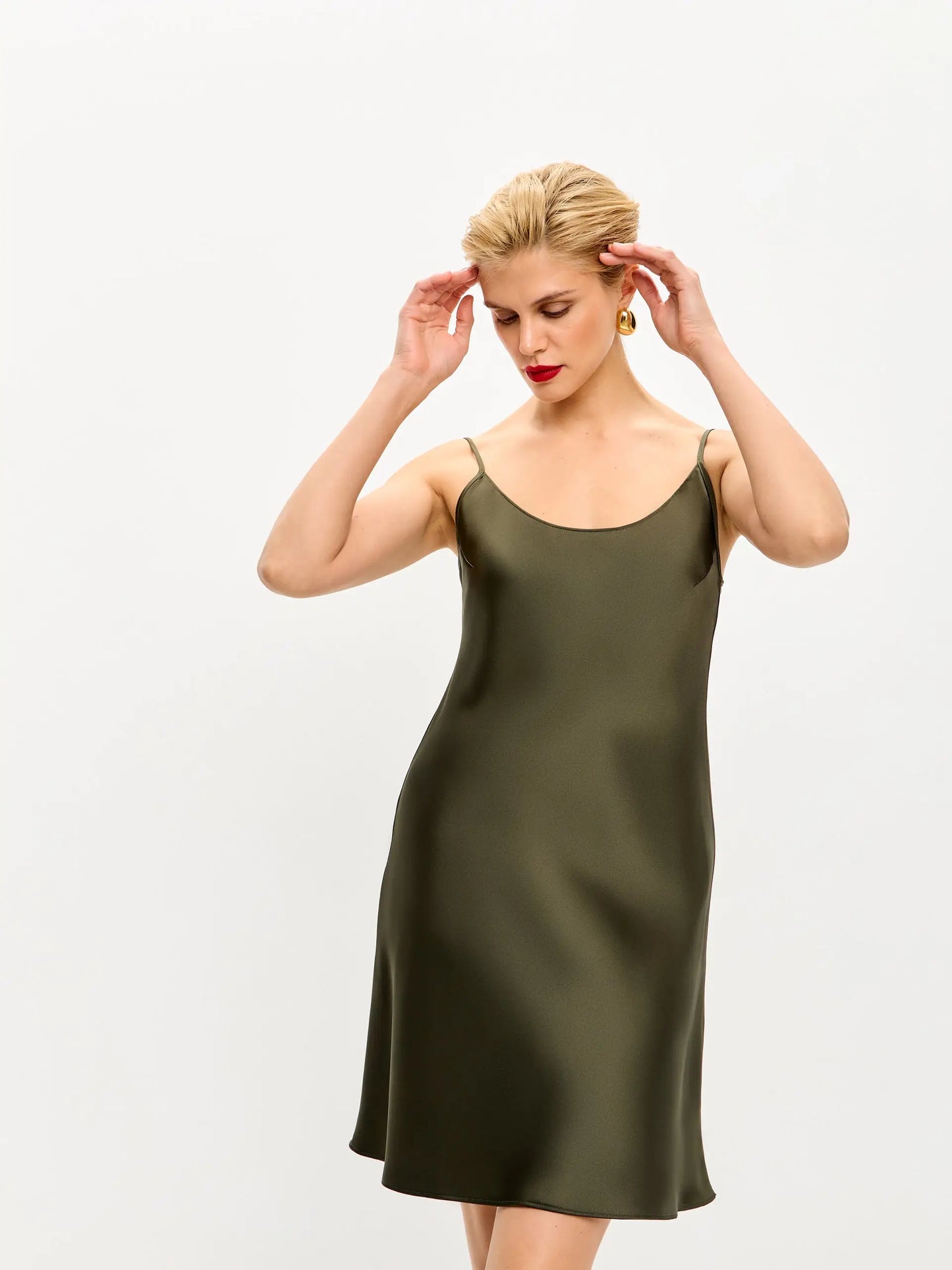olive green slip dress Olive mini satin slip dress 'Pure'