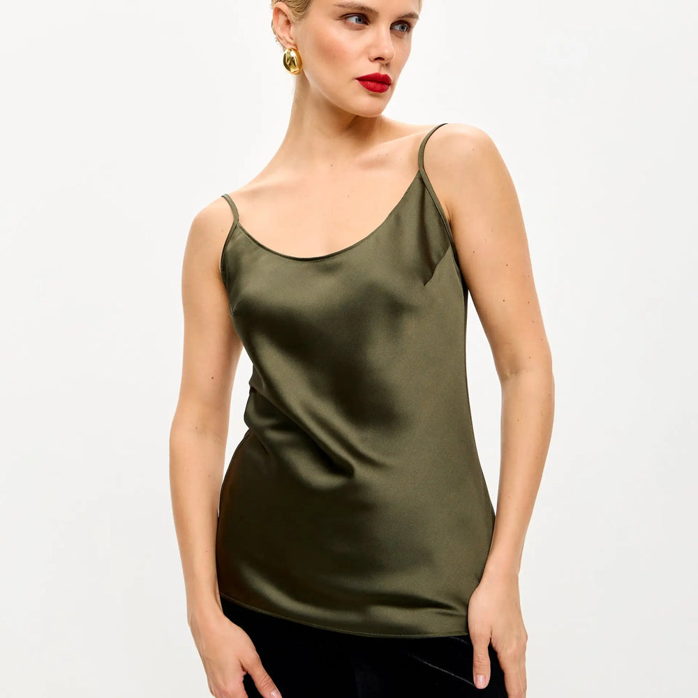 Olive green satin camisole.