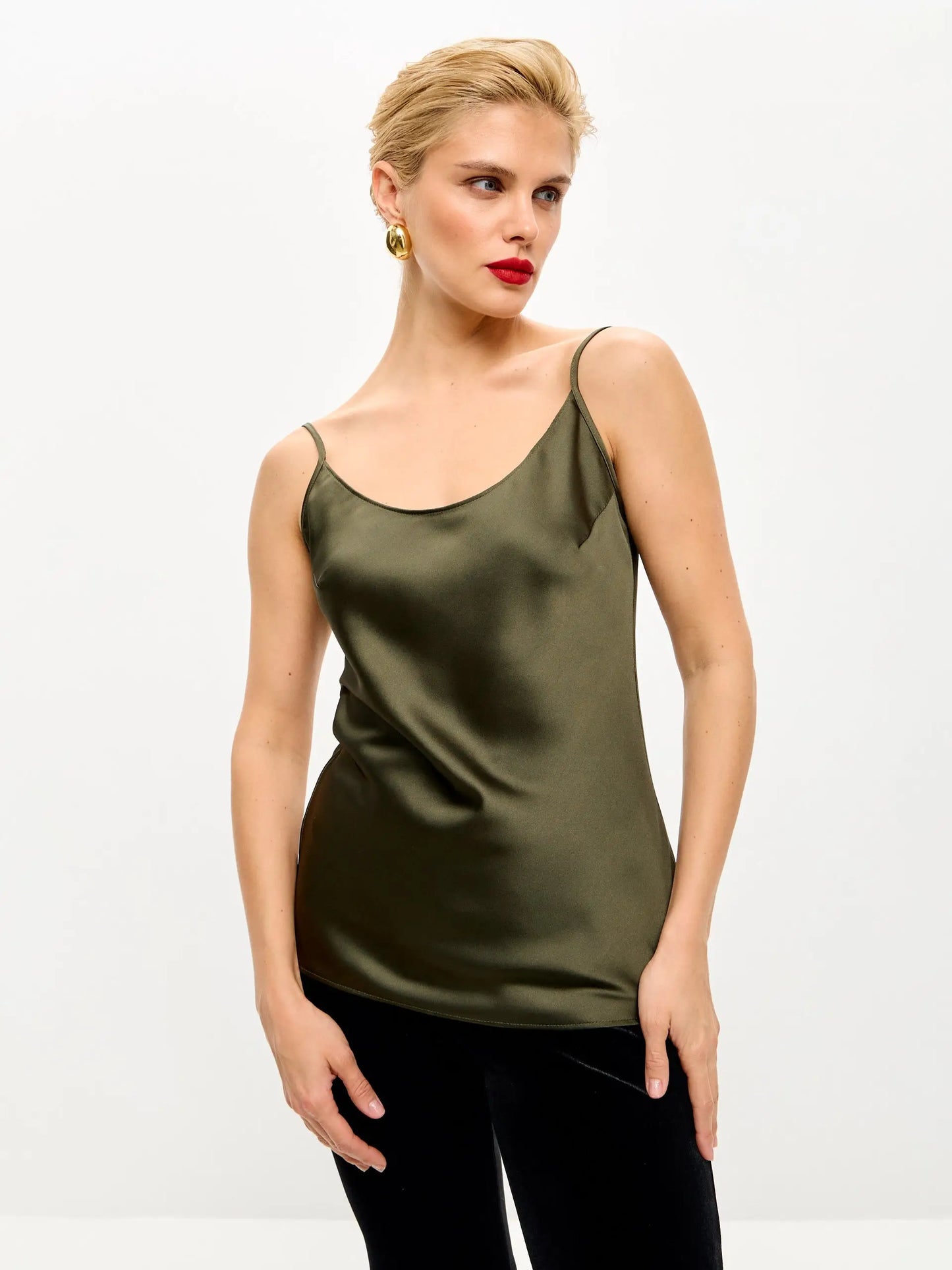 Olive green satin camisole.