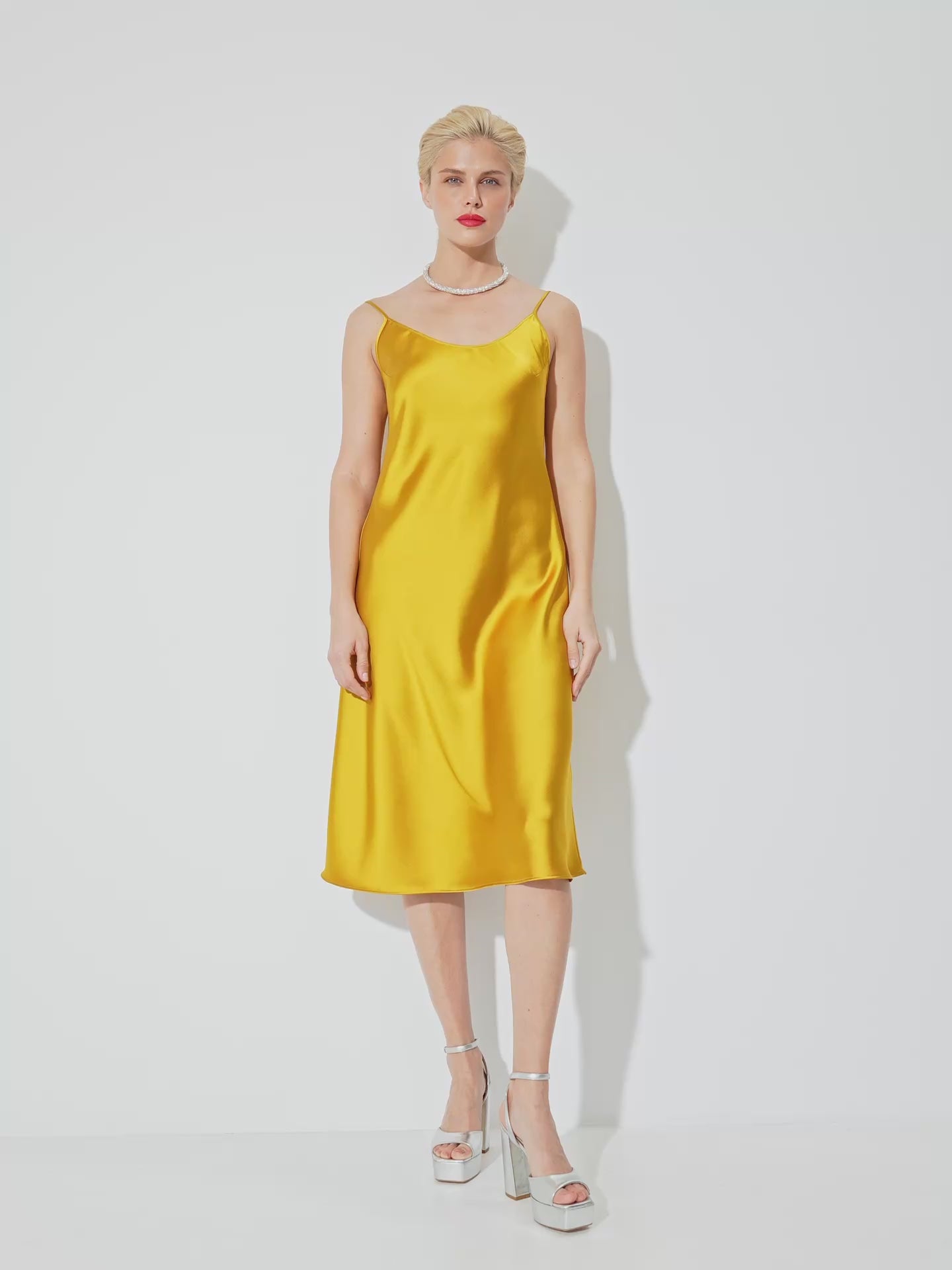 Dark gold below the knee satin slip dress 'Grace'