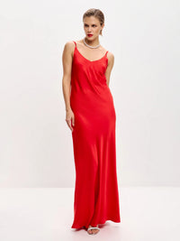 Red maxi double-layered satin slip dress with V-neck ’Marigold’