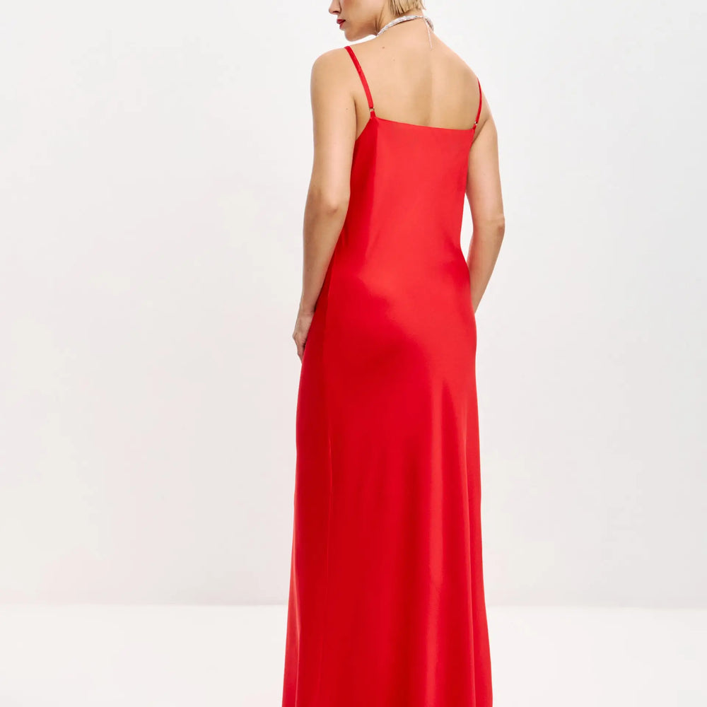 
                  
                    Red maxi double-layered satin slip dress with V-neck ’Marigold’
                  
                