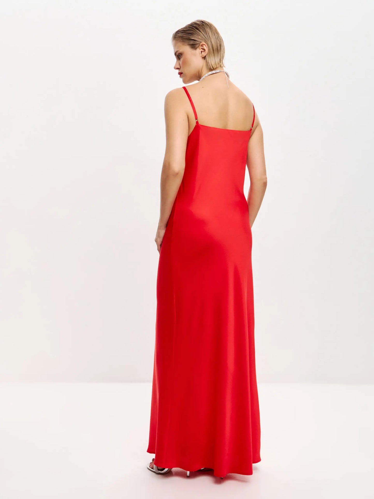 red slip dress long Red Ruffle Satin Maxi Slip Dress