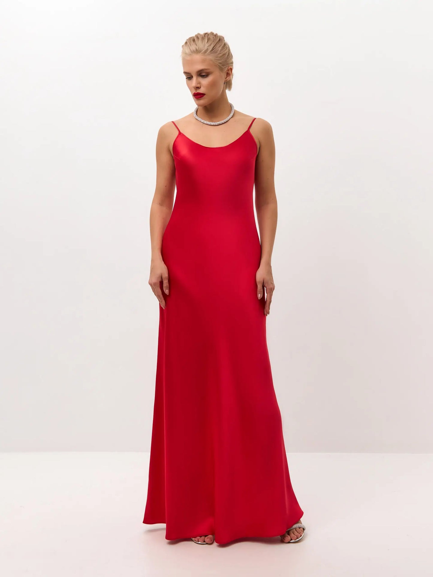 red satin maxi slip dress Elspeth Red Satin Bias Slip Maxi Dress