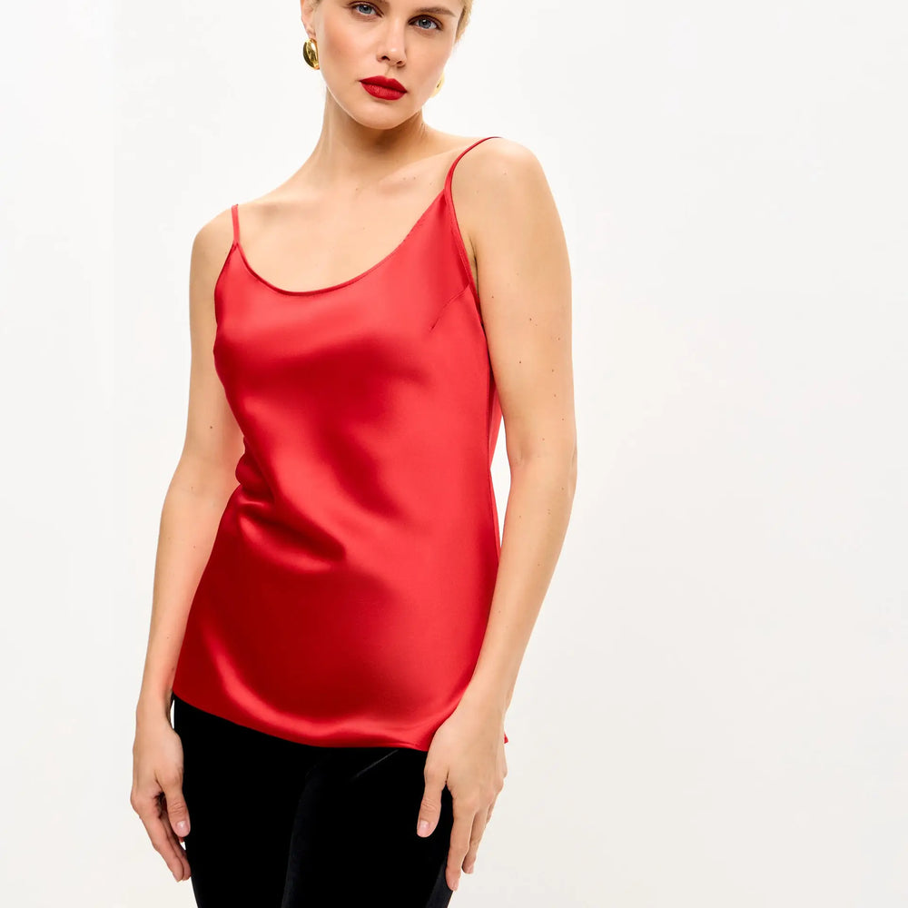 Red satin camisole.
