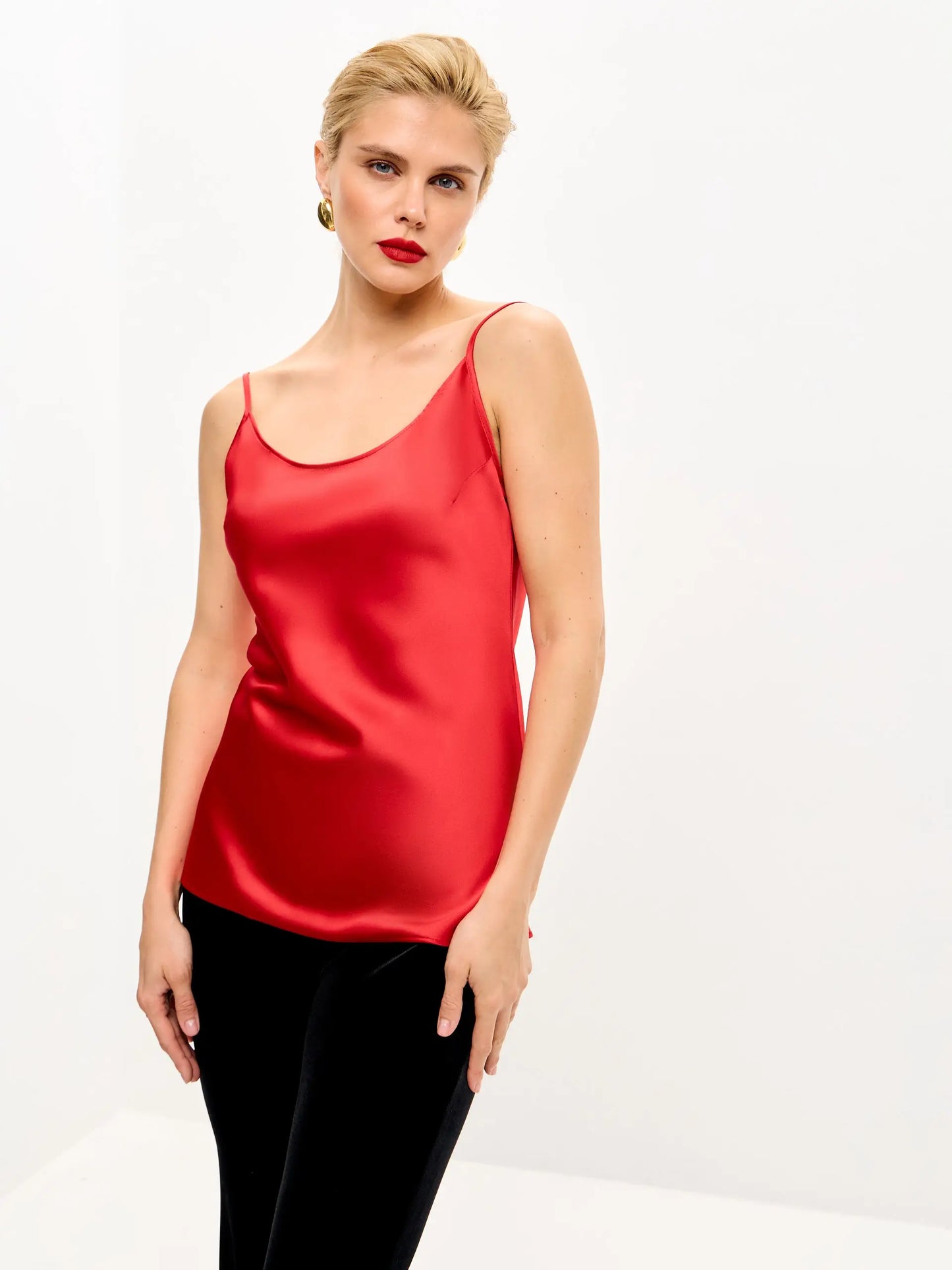 Red satin camisole.