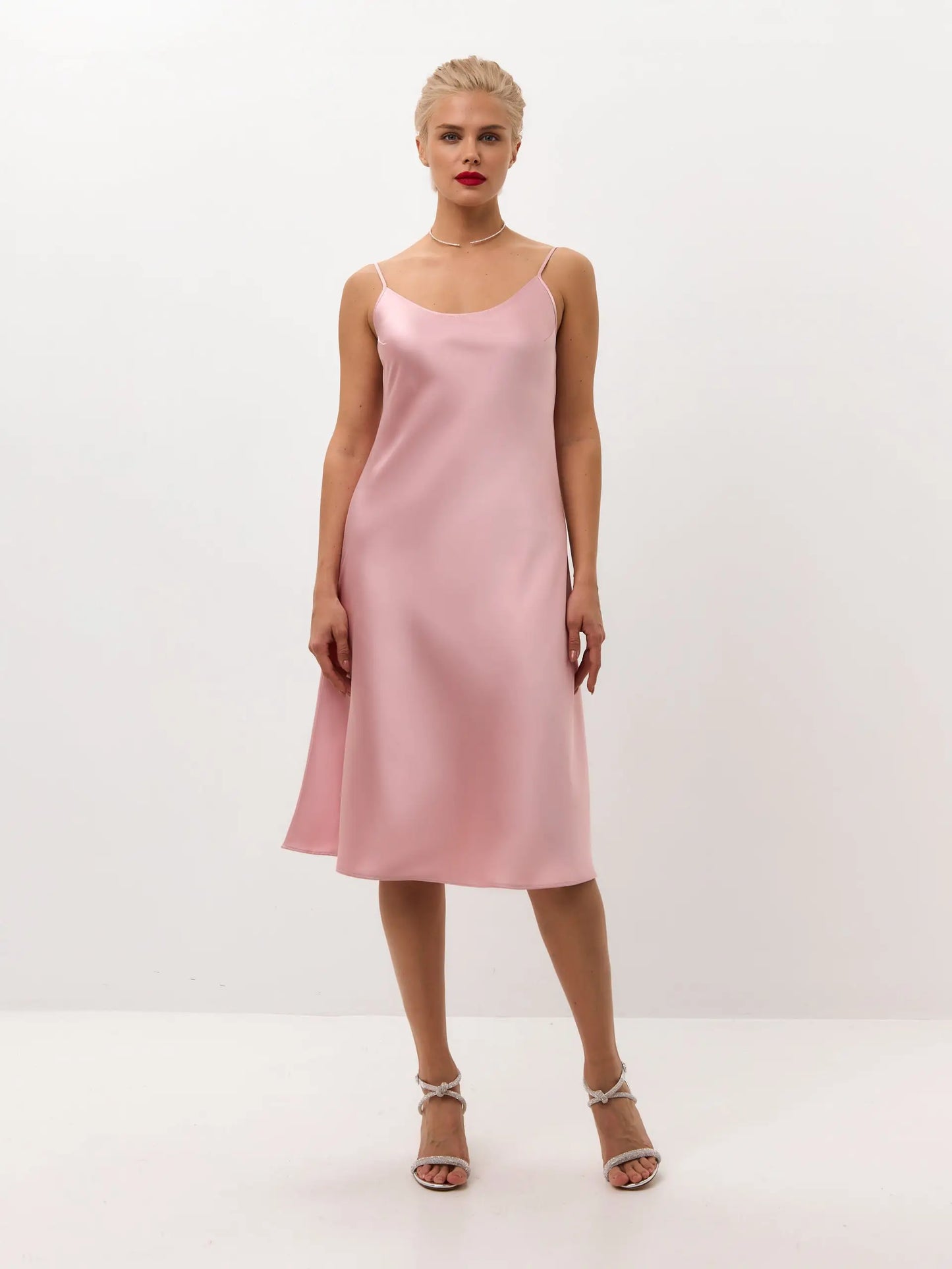 pink slip dress Soft pink below the knee satin slip dress 'Grace' – Serena Silueta