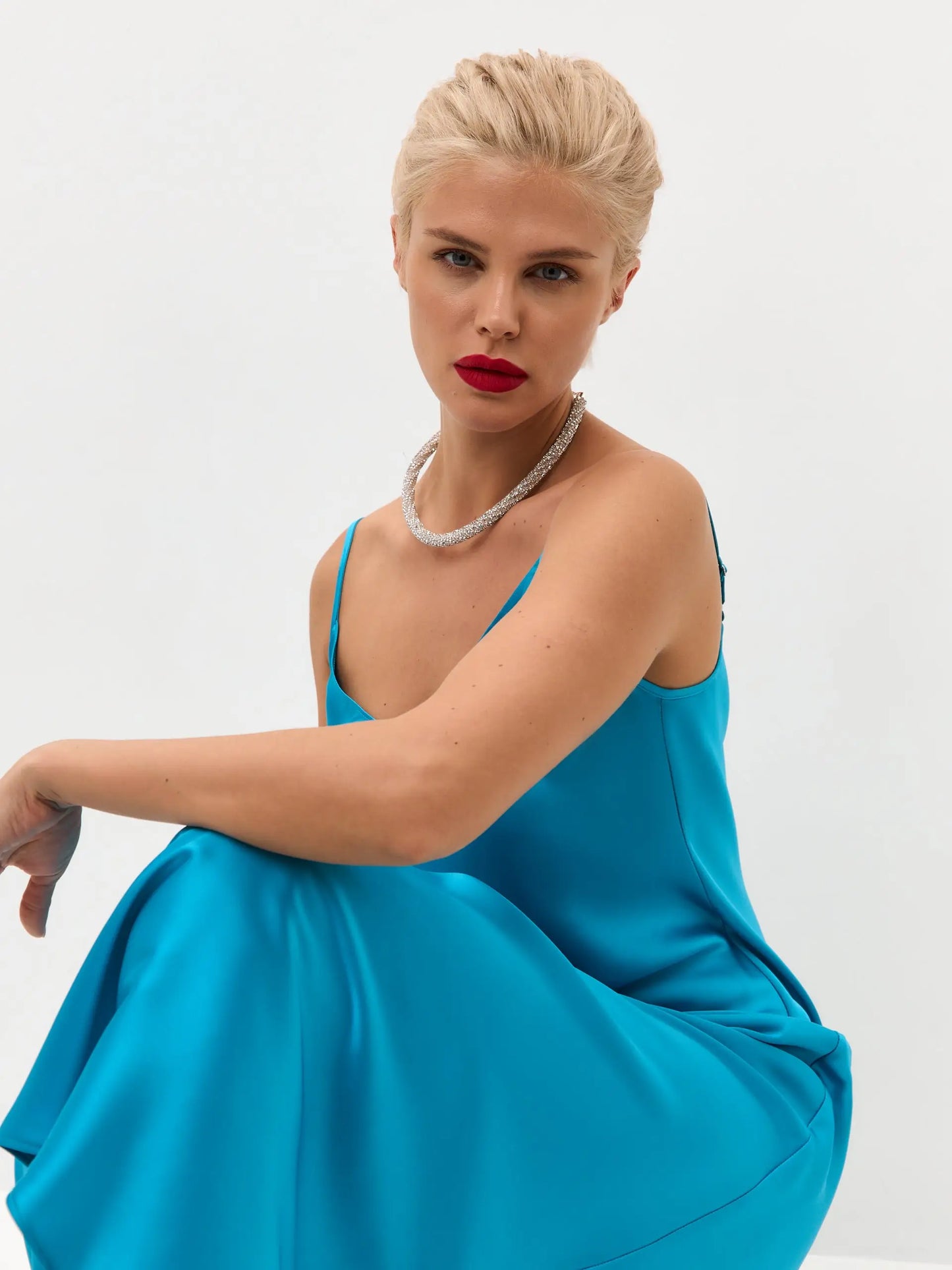Turquoise blue midi satin slip dress 'Majestic' Serena Silueta Turquoise blue midi satin slip dress 'Majestic' Serena Silueta
