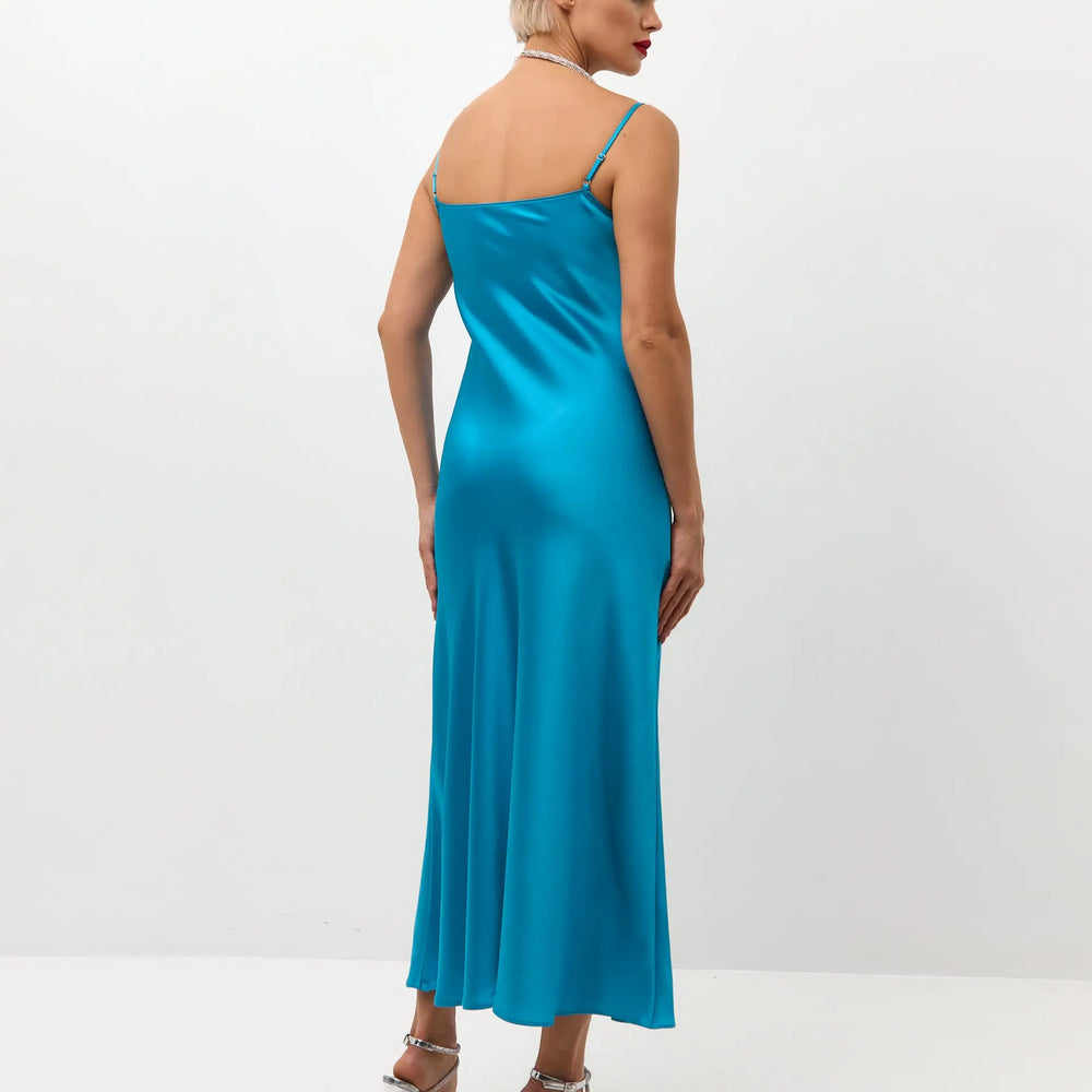 Turquoise blue midi satin slip dress 'Majestic' Serena Silueta Turquoise blue midi satin slip dress 'Majestic' Serena Silueta