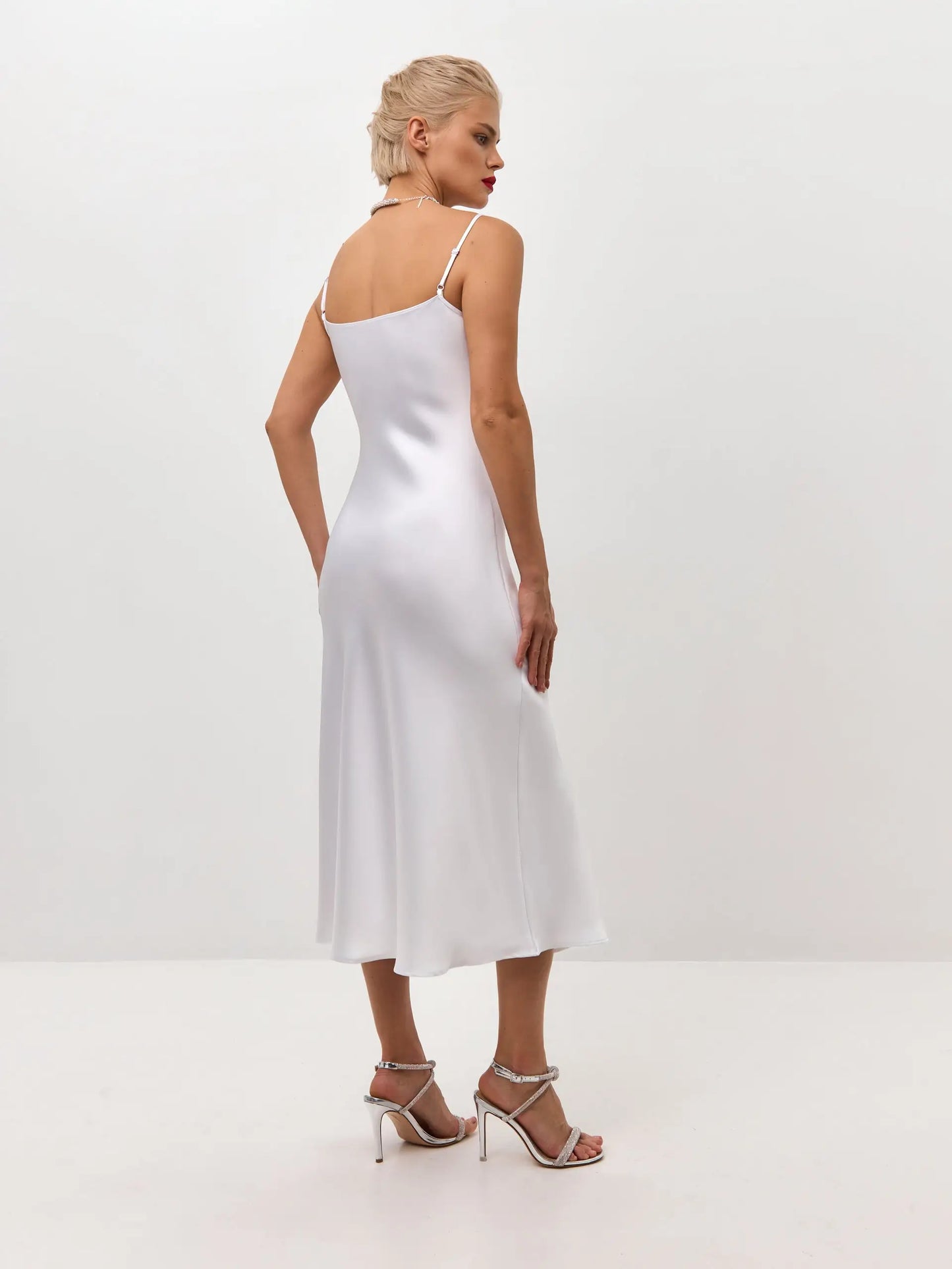white silk midi dress White midi satin slip dress 'Majestic'