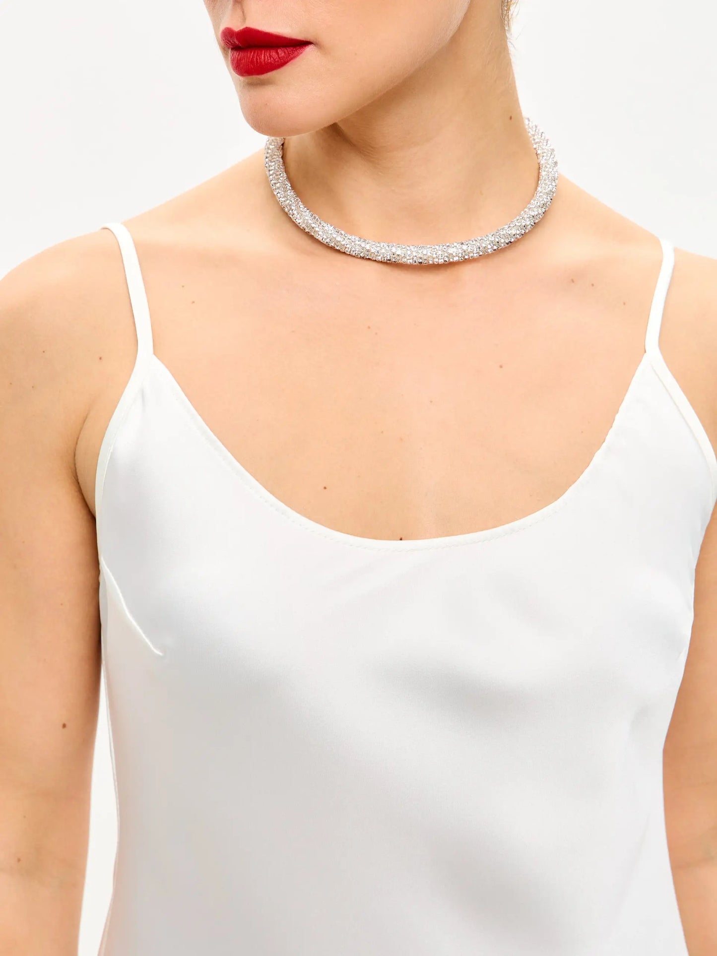 satin slip dress with choker Satin textures and silky finishes lend an extra touch of charm . # satin a#dress